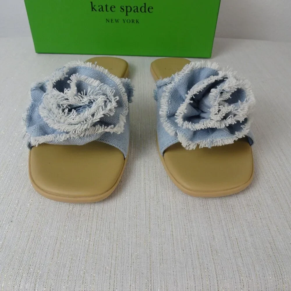 Kate Spade Women's Flourish Denim Flower Flat Sandals Slip Ons Flower New 7.5